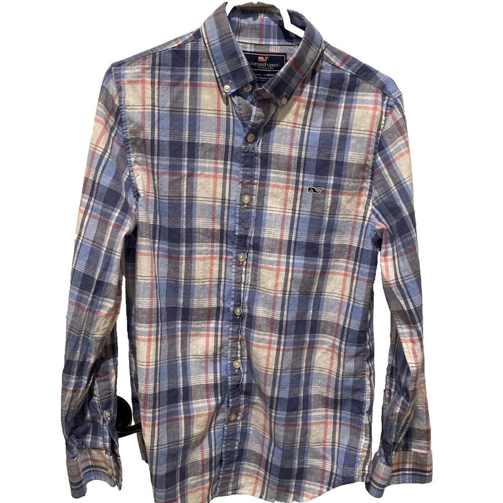 Vineyard Vines Slim Fit Whale Shirt Plaid Button Down Shirt Men’s Small Blue